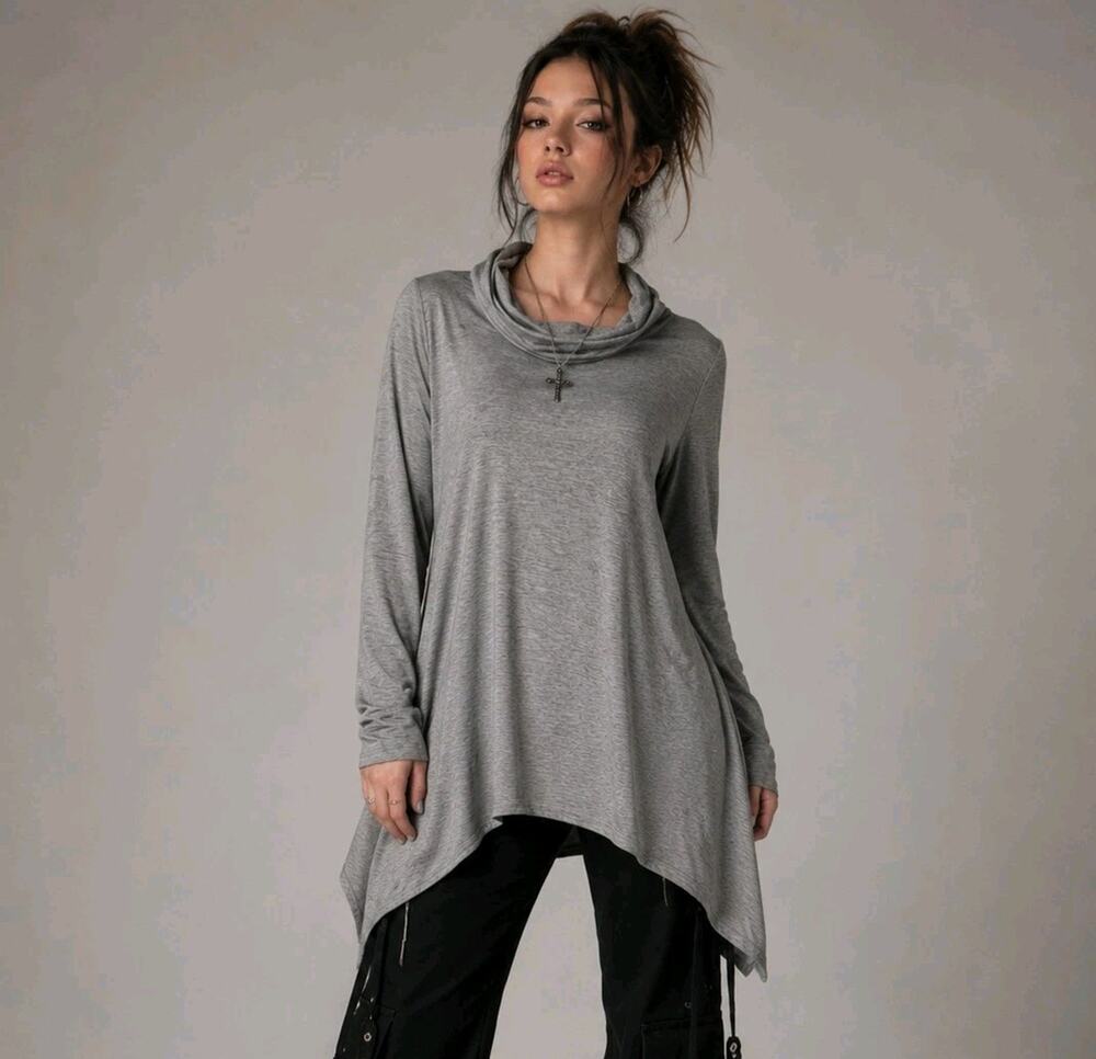 Vtg Focus 2000 Y2K Slouchy Cowl Neck Tunic Stretch Turtle Neck Shirt XL Gray